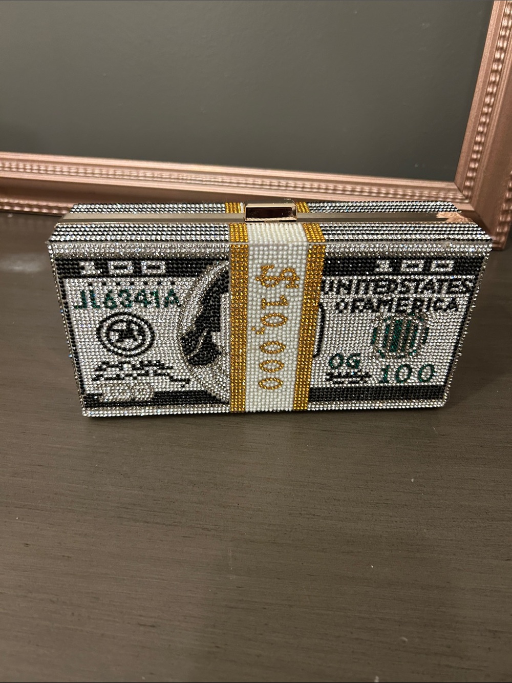Crystal Embellished Money Stack Clutch in Green, Gold and White